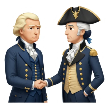 “Donald Trump and George Washington facing each other. Trump in a modern suit, visibly shocked. George Washington in colonial uniform, calm and silent. Realistic style, cinematic lighting.” sticker