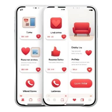 smartphone displaying a Tinder-like dating app interface, but with interior design rooms instead of people profiles, with like and dislike buttons sticker