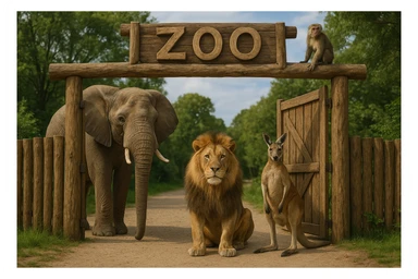wooden zoo entrance gate with the word 'zoo' on top, realistic-looking elephant, lion, kangaroo, and monkey standing near the open gates, animals look like real animals, natural hand-crafted feel, no cartoonish or AI-generated style sticker