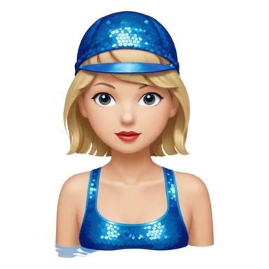 Taylor Swift wearing a one piece blue bathing suit with sparkly sequin straps. She is also wearing a sequin blue swim cap with a sequin strap going under her chin.  sticker