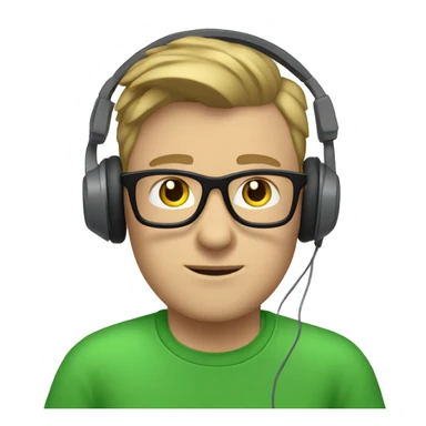 white guy with dark blond hair square glasses blue eyes wearing green t-shirt using laptop with headphones sticker