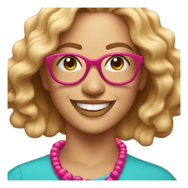  cheerful woman with wavy blonde hair and glasses, wearing a pink shirt and colorful beaded necklace, smiling brightly against a vibrant red background." sticker