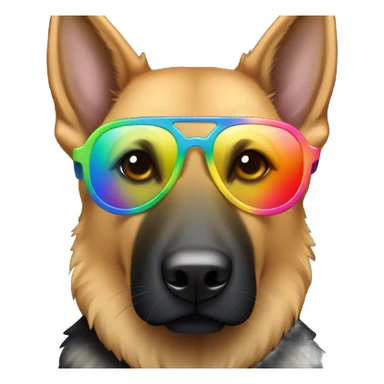 Black German Shepard with big light brown eyebrows and highlights with rainbow sunglasses sticker