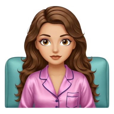 Woman with brunette hair light tanned skin reading on sofa. Long wavy hair. Beige ivory colours. Silk pyjamas. Realistic. Foxeye with lashes. Glamorous makeup sticker