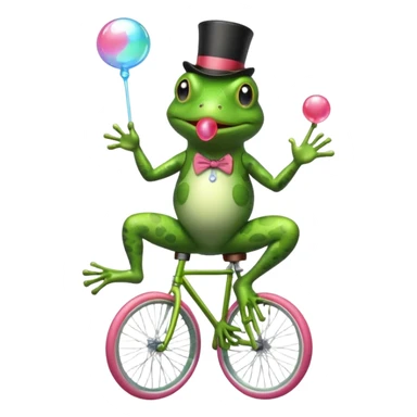 A frog riding a unicycle wearing a monocle blowing a bubble gum bubble sticker