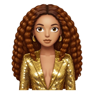 Solange with long dark auburn hair, gold sequin outfit sticker