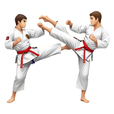 Two karate fighters in traditional gi sparring. One executes a high kick aimed at the opponent’s head, while the other blocks with a strong hand defense. The background features a classic dojo with wooden flooring and banners. Dynamic motion and focused expressions. Transparent background. sticker