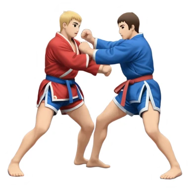 An icon symbolizing Sambo, featuring two fighters in blue and red kimonos with shorts. One executes a powerful throw, while the other attempts a defensive grab. The fighters are engaged in a grapple, using joint locks and sweeps. The background features a wrestling mat/ sticker