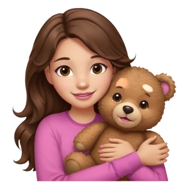 girl with long wavy brown hair, brown eyes, light to medium complexion, in a pink shirt, pink lips, long lashes, smiling, hugging a teddybear sticker