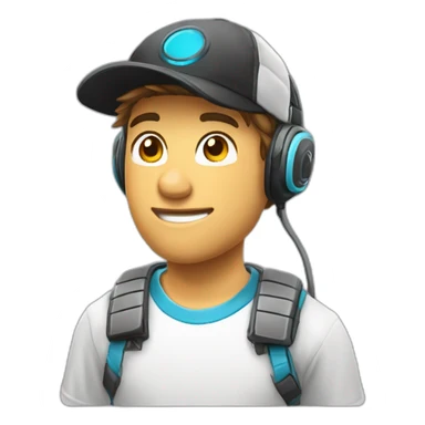 jeune homme gamer avec un casque micro, l'air sérieux, une casquette blanche sticker