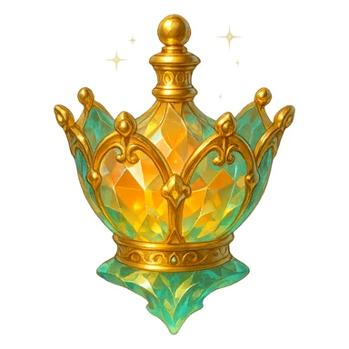 crystal luxurious elixir bottle shaped like a crown, pastel gradient of yellow, orange, and green, lots of shine, facets, ornaments, golden details, magical effects, very small golden neck, transparent background, beautiful merging base, clearly floating in air, no base or shadow, very luxurious, interesting design, fits a collection sticker