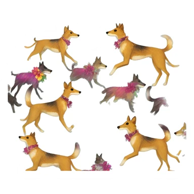  brindle brown black maroon striped lurcher Alsatian fox running blue eyes and iridescent holographic oilslick harness wearing paper iridescent tropical flower crown yellow caution tape sticker