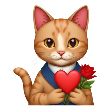 Male cat holding red flowers and heart sticker