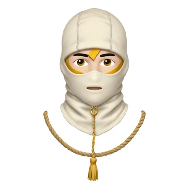 Deconstructed off-white balaclava with frayed layers, rope tassels, subtle embroidery. Studio photo, white bg, soft light. Streetwear luxury style.
 sticker