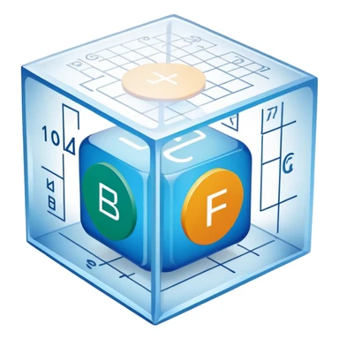 An icon featuring a transparent cube with geometric sections and mathematical calculations, symbolizing the study of mathematics. The design includes algebraic formulas, graphs, and mathematical symbols, representing advanced mathematical concepts and problem-solving. Transparent background sticker