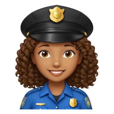 a cartoon-style avatar of a girl police officer with curly brown hair, wearing a black cap sticker