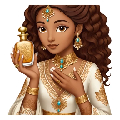 A mesmerizing close-up of henna-adorned hands delicately holding an ornate perfume bottle. The deep, intricate henna patterns beautifully contrast against the soft skin, while the luxurious gold-embellished bottle exudes opulence and tradition. sticker