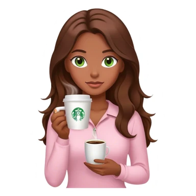 pretty woman with very long brown hair and green eyes and light pink outfit with a coffee sticker