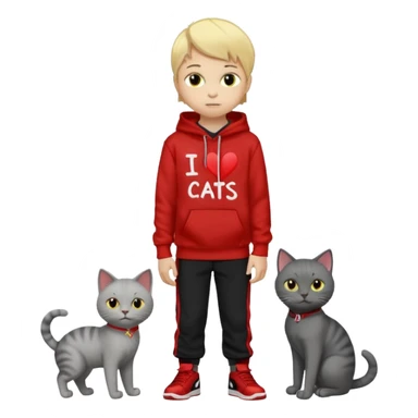 There is one 8 year old boy wearing a red and black hoodie say I heart cats he’s blond he has red Jordan’s and Hess wearing black pants he’s next to his only gray cat with yellow eyes  sticker