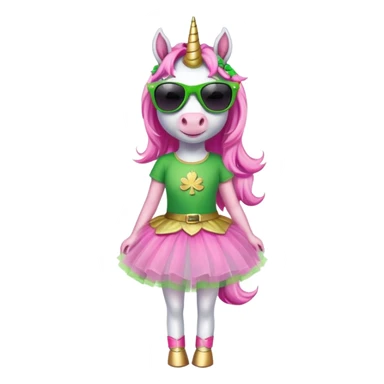 friendly anthropomorphised female unicorn with horse-like face, in tutu and pink t-shirt, wearing dark sunglasses, holding a shamrock or wearing a green accessory for St. Patrick's Day sticker