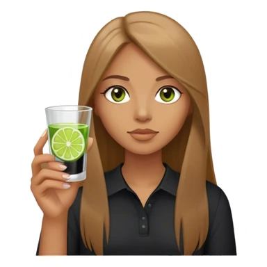 tan woman, black shirt, long light brown straight hair, grey eyes, holding a shot with lime sticker