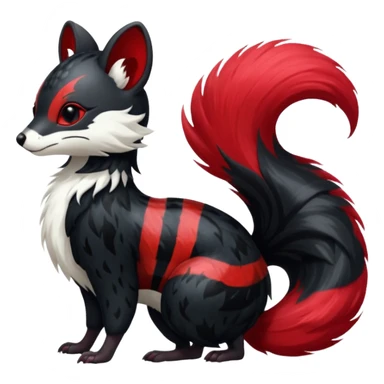 Feral Rare Fantasy shiny soft fuzzy furry vibrant tropical obsidian-black and crimson-red Vernid-Trico-species-creature by LiLaiRa, random markings, tufted tail, tufted ears, full body with markings with white skunk-tail-stripes sticker