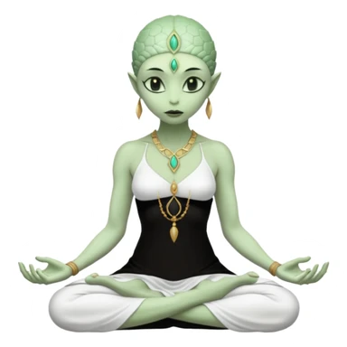 a Reptilian alien woman,in meditation, white dress like a priestess sticker