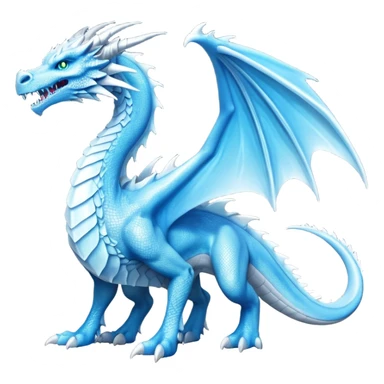 Cinematic Noble Fierce Ice Dragon full body Emoji, Poised and imposing, distinct long elegant snout, with a slender, scaled body shimmering in glacial hues of icy blue, frostbitten silver, and crystalline white, breathing out frost, with piercing, glowing eyes that radiate the chilling depths of an arctic storm; rendered in detail. displaying its wings sticker