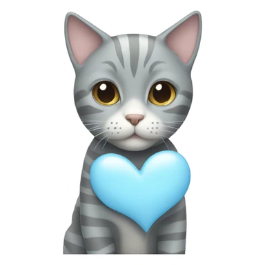 Gray cat with white stripes next to a pastel blue heart sticker