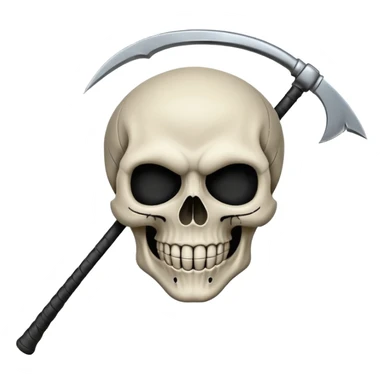 A laughing skull with a scythe crossed behind it, one eye socket winking. Clean, stylized lines, flat vector. Medieval woodcut style. Black and white with one accent color (tarnished silver). No background. sticker