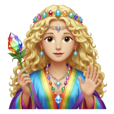 a being made of light pleidian nordic long faces and curly huge thick blond hair but beautiful features of light wearing jewels and a rainbow halo like a saint arount her a robe on made of light and gem  transparent belly dancer and who is lanky holding a bouquet of crystal flowers on rainbow fire sticker