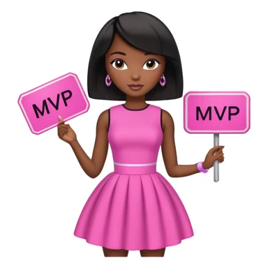 Black barbie, short  black bob  hair, pink dress with a sign that says mvp sticker