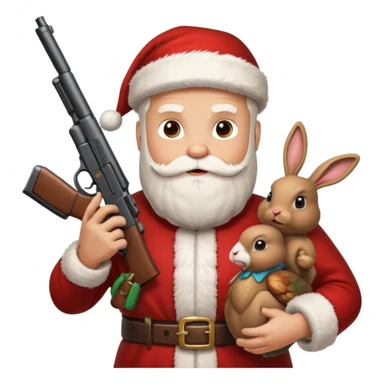Santa holding a gun, a rabbit, and a turkey sticker