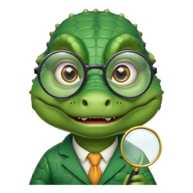 A green academic gator with a magnifying glass on a light background sticker