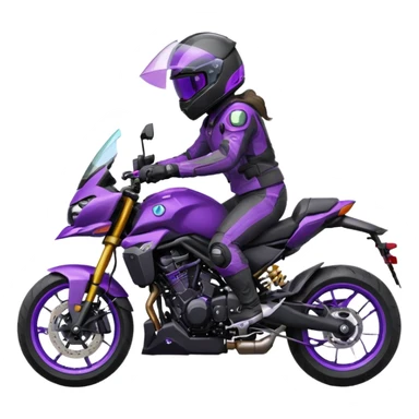 Créer un emoji copiable sur mon système iOS avec une moto mt07 noir mate / violet plus foncé que tu as et iridescent. le style de la mt07 doit être en sport. Avec pilote dessus visière violet bulle de la moto violet aussi. Avec fond arrière  violet  sticker