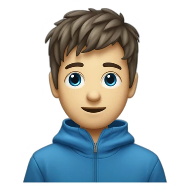 Un garçon aux cheveux châtains foncé lui arrivant aux épaules avec une frange à gauche lui tombant sur l'oeil avec les yeux bleus portant un sweat à capuche bleu qui pleure de rire sticker