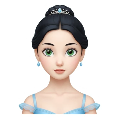 Cinematic Realistic ballerina Medium Blue Portrait, depicted with lifelike skin texture, subtle rosy undertones, and soft natural lighting that enhances the gentle contours of her face. Her intricately detailed sweet black hair is elegantly styled, green eyes sticker