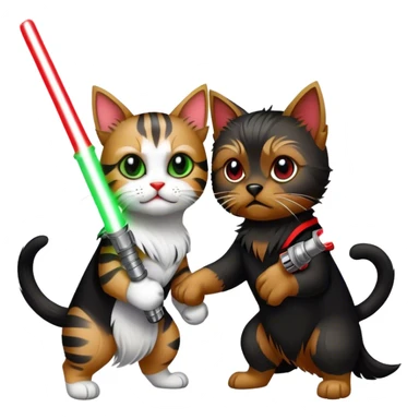 yorkshire terrier with green lightsaber fighting a black and white cat with a red lightsaber sticker