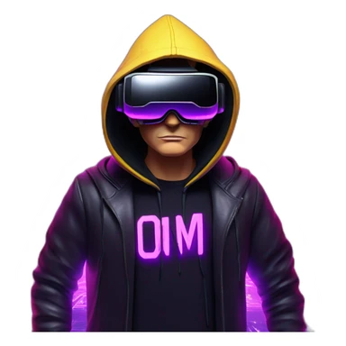Donald Trump wearing a black hoodie with "OMG" letters on it and VR headset in a cyberpunk VR environment with violet neon lighting. sticker