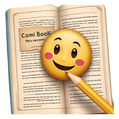 Create a detailed emoji representing the process of writing texts for comic books. The design should feature a large, open comic book with vintage comic strips visible on its pages. A pencil should be shown writing text on one of the comic panels, but without a hand. The pencil should appear as though it is actively creating the dialogue or narration. Use a classic color palette with muted tones for the comic book and brighter accents on the pencil to draw attention to the writing process. Do not include any emojis or smiley faces. Make the background transparent. sticker
