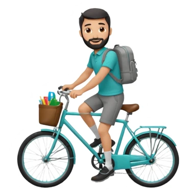 a man with a grey backpack and a torquoise byciycl and he has black shot=rt man hair and a beard with a polo grey shirt and dress pants and hes riding it with pants remeber sticker