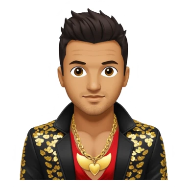 Peter Andre with dark brown hair, black sequin jacket, shirtless with necklace sticker