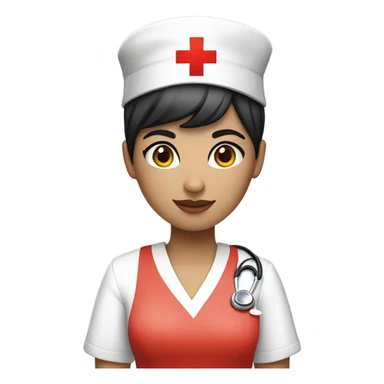 pixie cut black straight hair female nurse with red cross sign hat wearing dress
pale skin color sticker