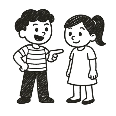 Adjust the left hand of the boy so it rests on his hip, keeping the doodle style and character details the same as in the reference image. sticker