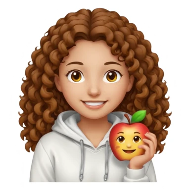Una ragazza con una felpa semplice bianca,ha gli occhi marroni,i capelli marroni  , c’è gli ha lunghi e ricci  e ha le ciglia lo stile dell immagine deve essere  stile emoji apple sticker