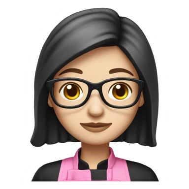 long brunette hair girl with pale skin and black glasses and a pink chef outfit sticker