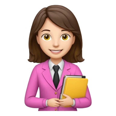 Teacher emoji but : wavy black volume brown hair, light western skin, no glasses, dark eyes, with a computer folder in the hand (color is yellow), being a teacher, wearing pink backpack but wear a teacher formal outfit, smile with teeth







 sticker