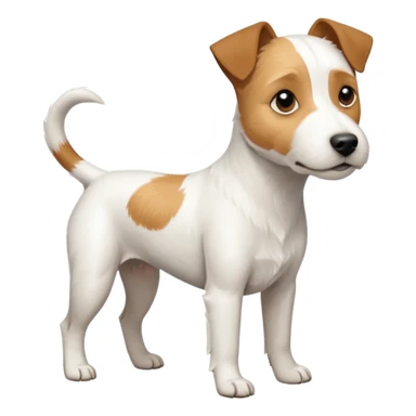 a full body white parson russell looking dog the size of a kelpie with light brown ears and a light brown patch on one eye and a large snout sticker