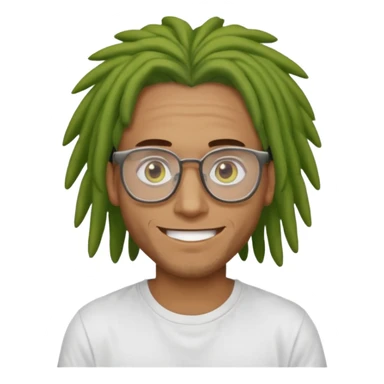 man with brown dreads white tee golden eyes light green skin glasses and white smile sticker