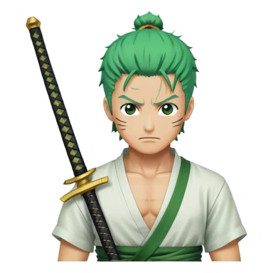 Roronoa Zoro with green hair, three swords, white shirt, green haramaki sticker